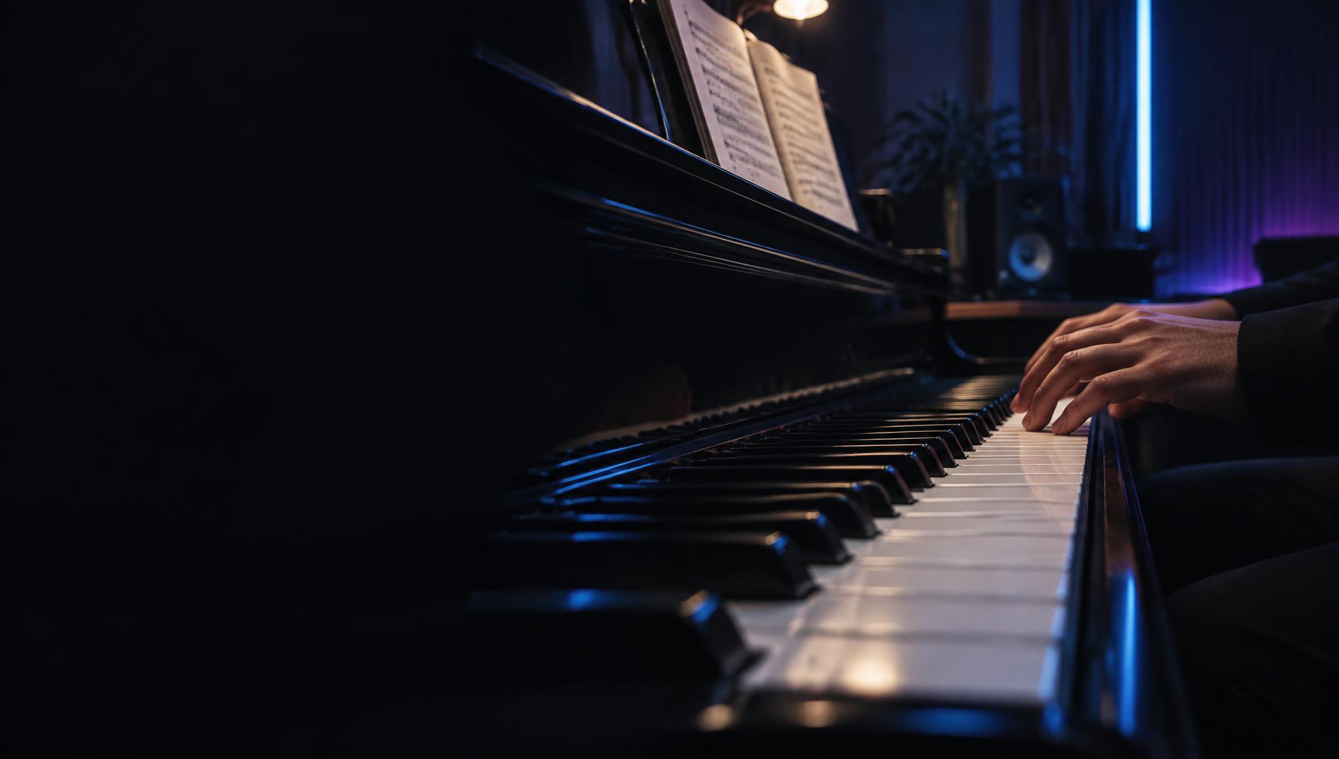 Pianist playing an acoustic piano in a modern studio
